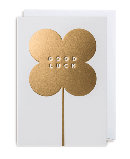 Gold four leaf clover good luck card